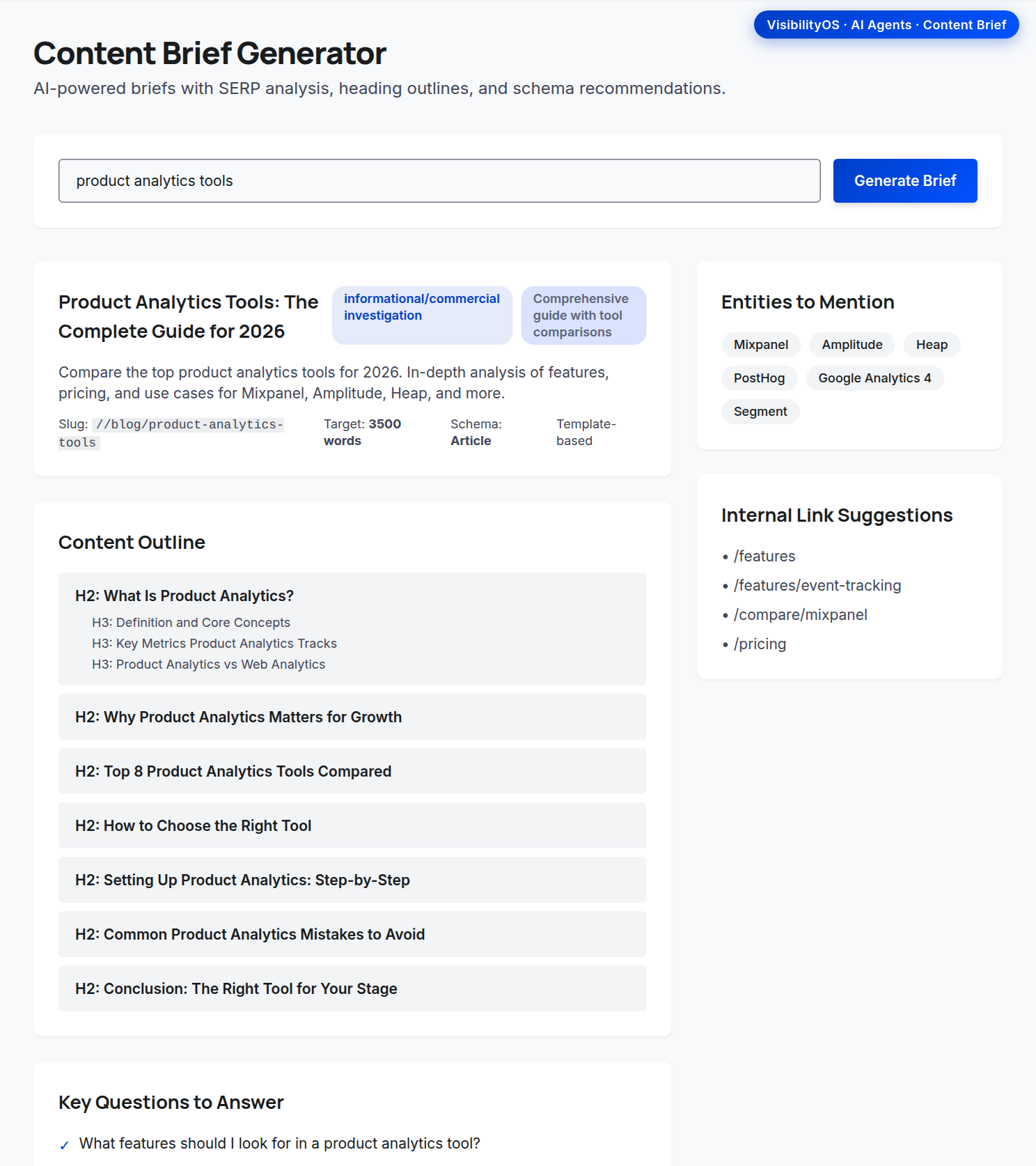 Content Brief generator — one of the AI tasks: a SERP-aware brief with outline, entities, and schema for a target keyword.
