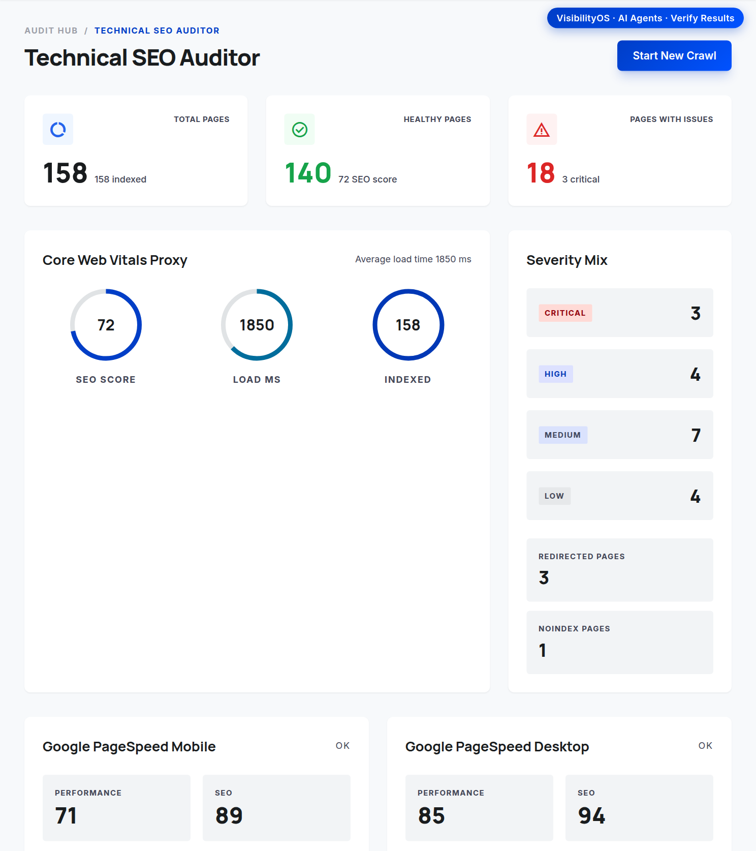 The completed audit run on the SEO Audit page — the result you review after the agent (or 'Run') finishes.