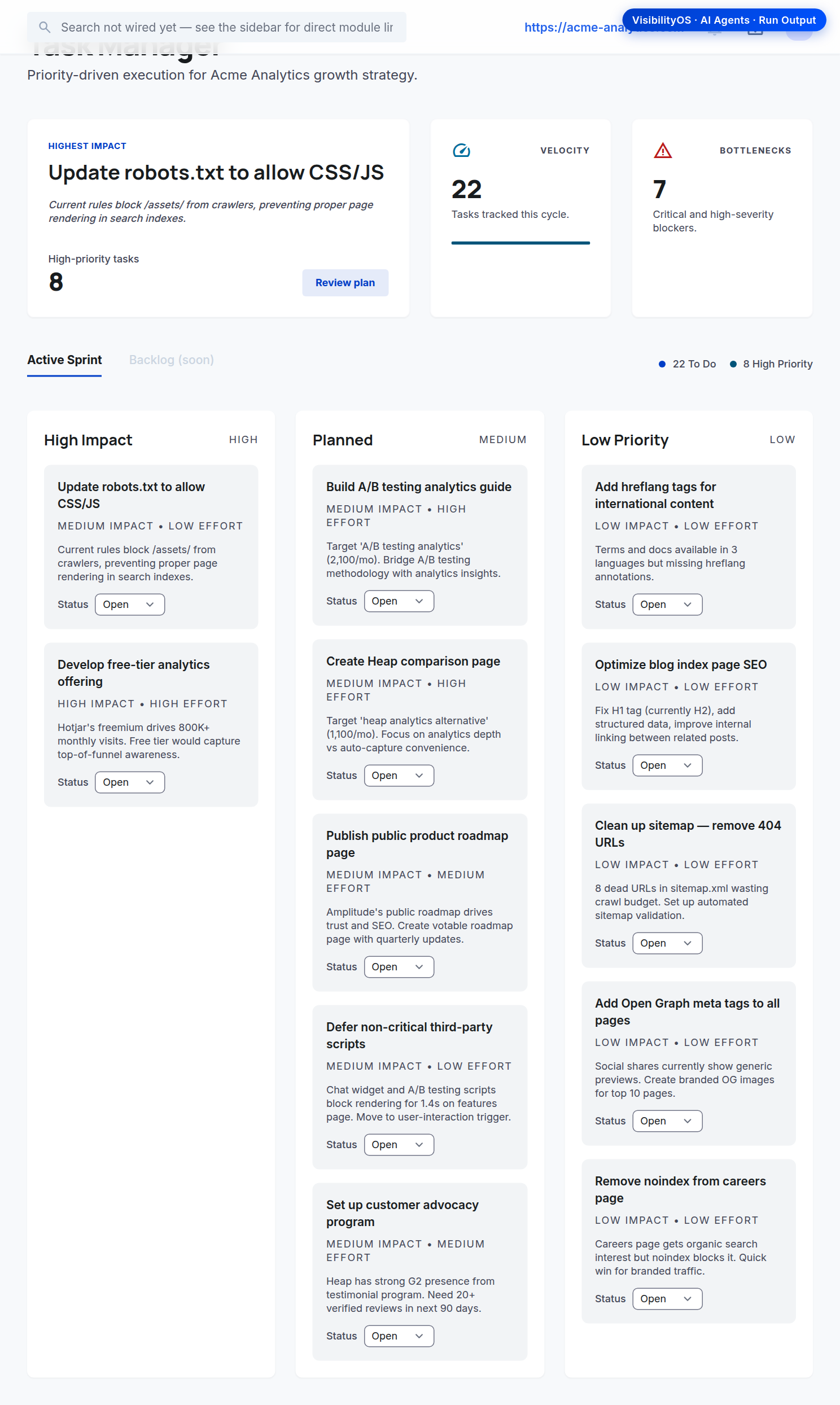 Task Manager — the run's generated tasks, with status controls to confirm and act on what the audit found.