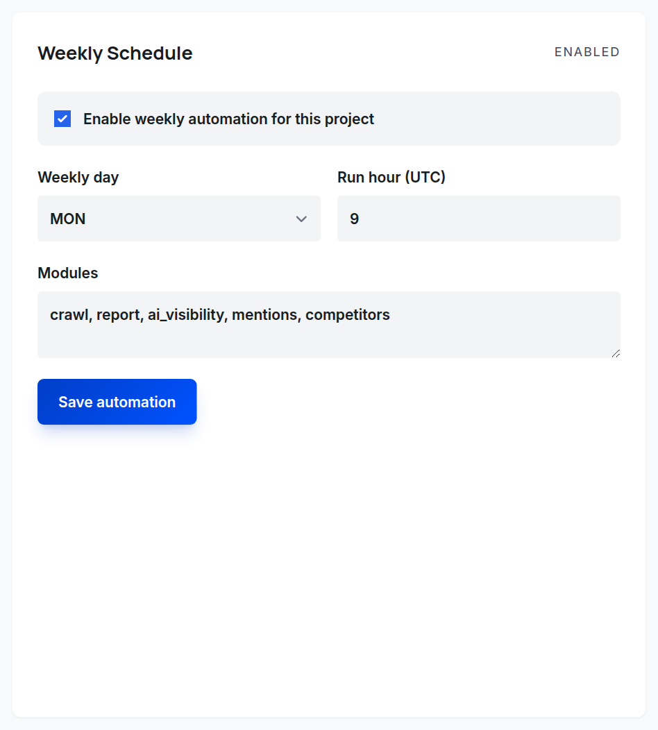 Weekly Schedule: enable automation, choose the weekly day and run hour (UTC), and pick the modules each run includes.