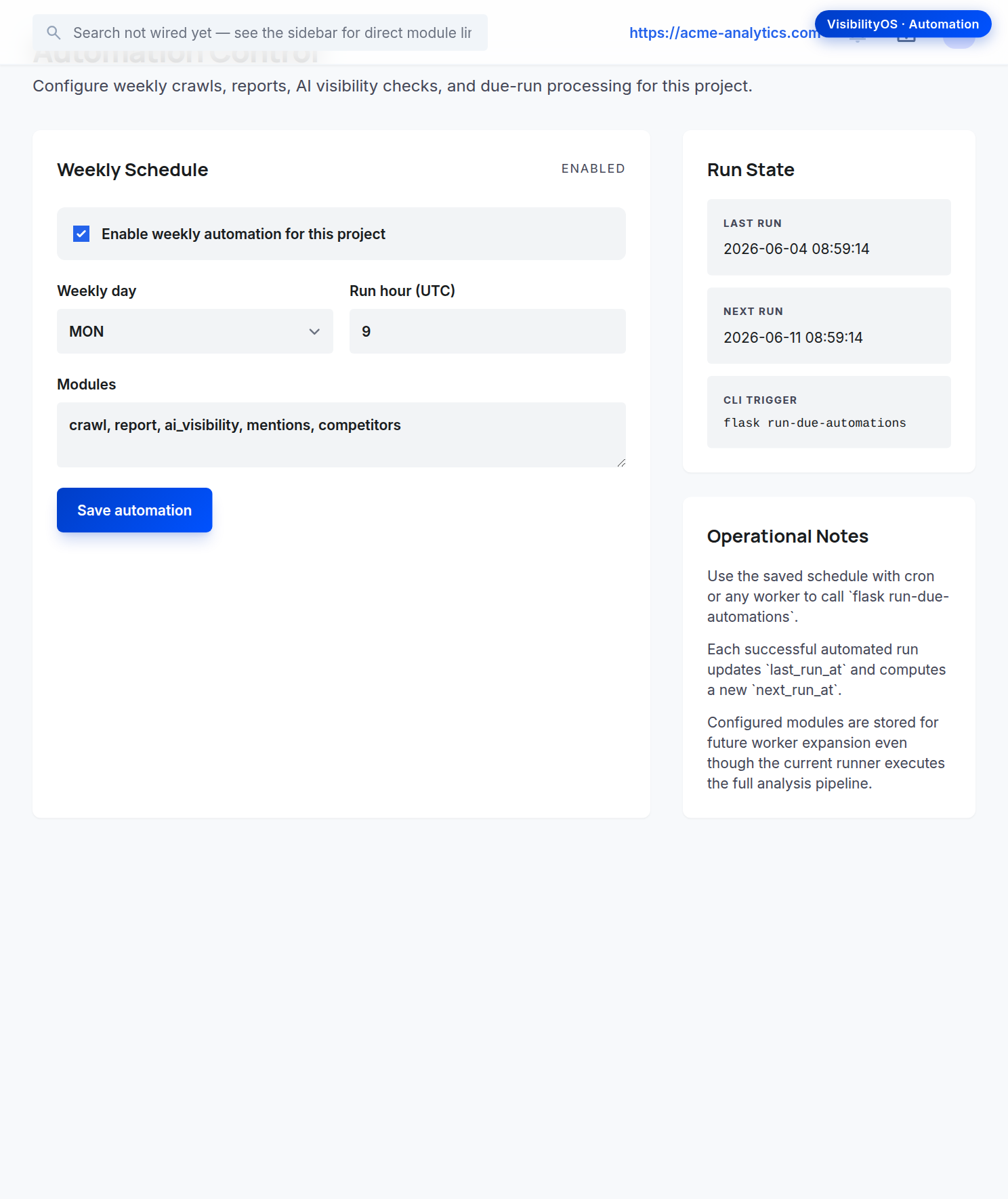 Automation Control: weekly schedule, module selection, and run state.