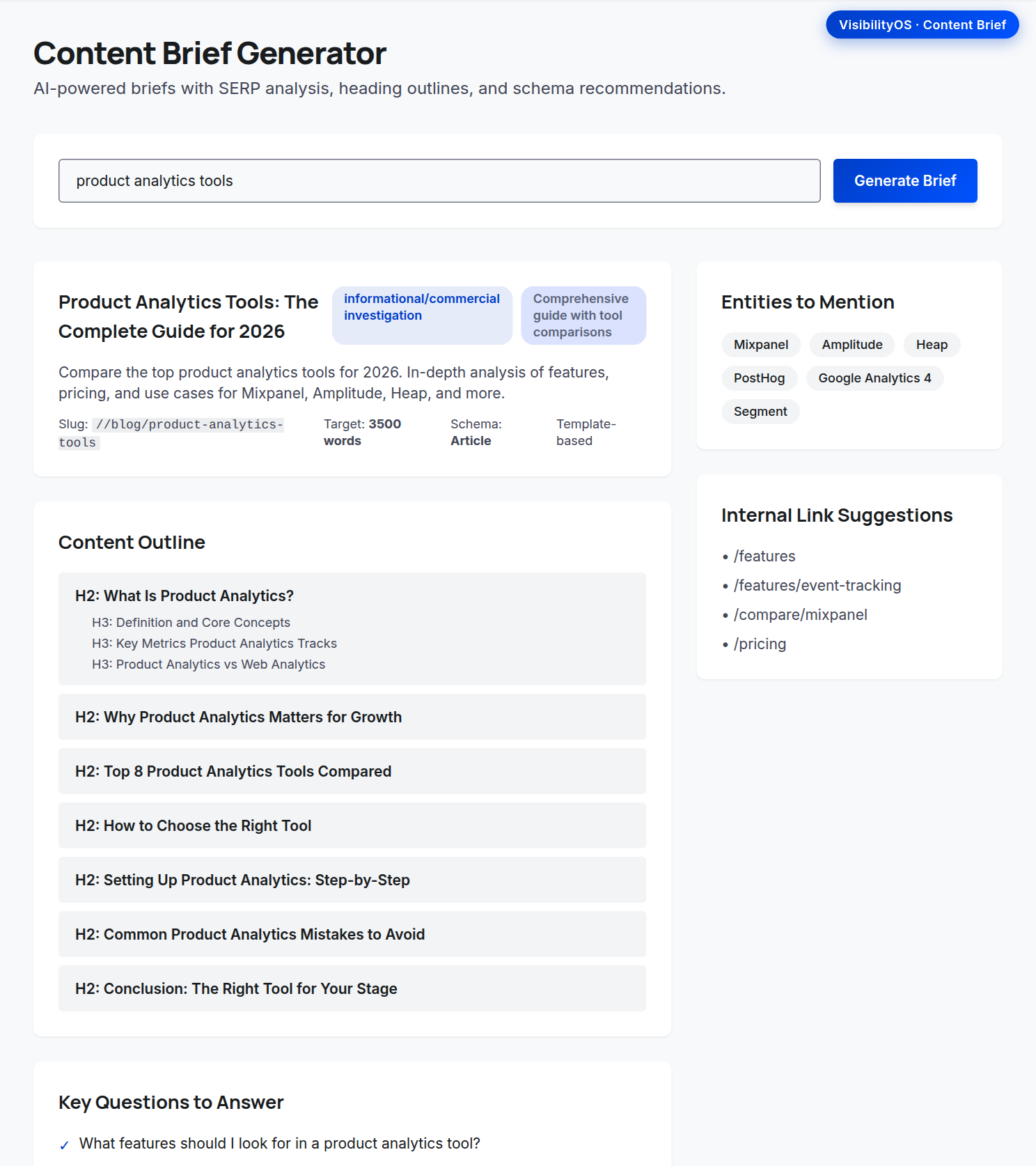 Content Brief Generator: title, outline, key questions, entities, and internal links for a keyword.