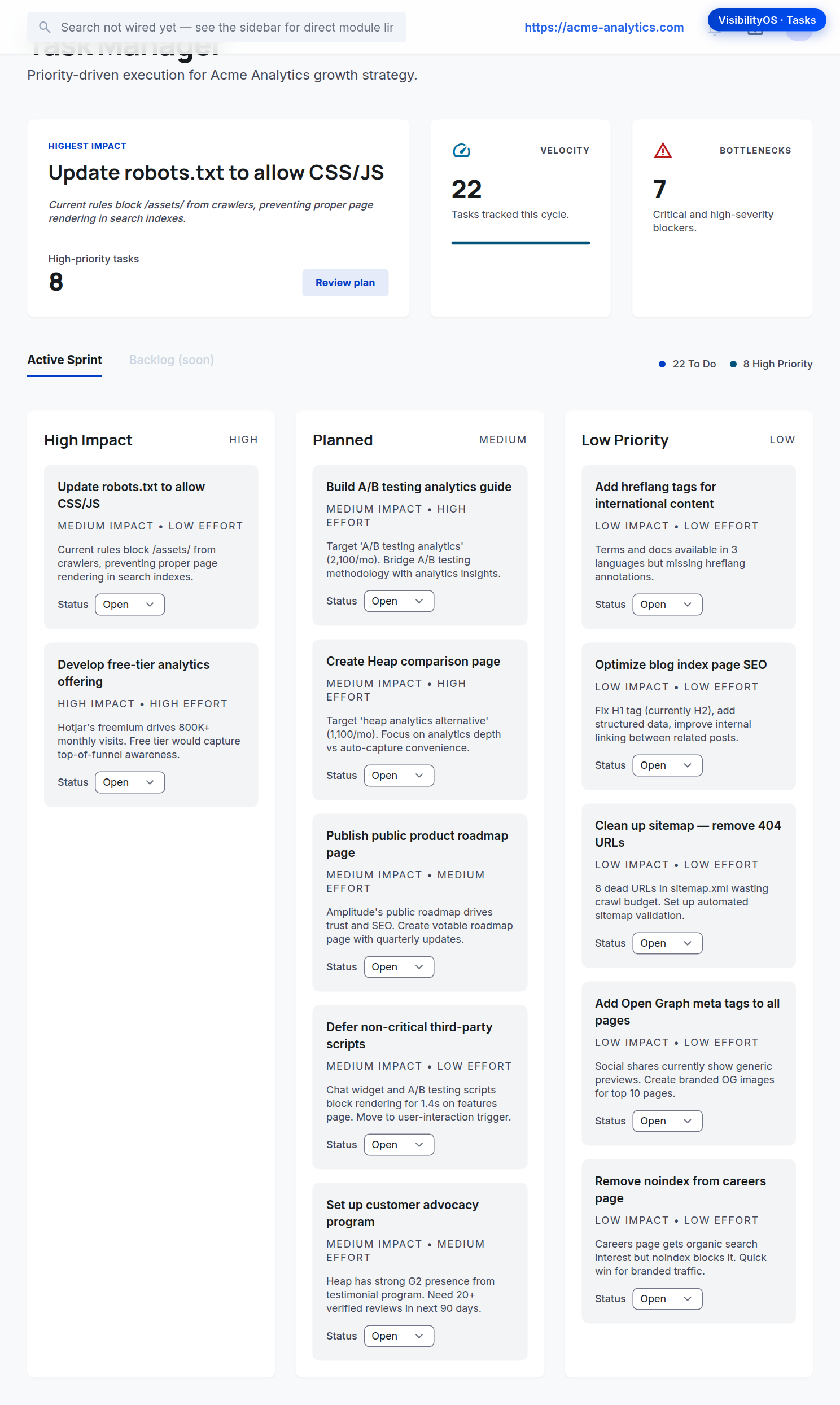 Task Manager: prioritized backlog with impact, effort, and status controls.